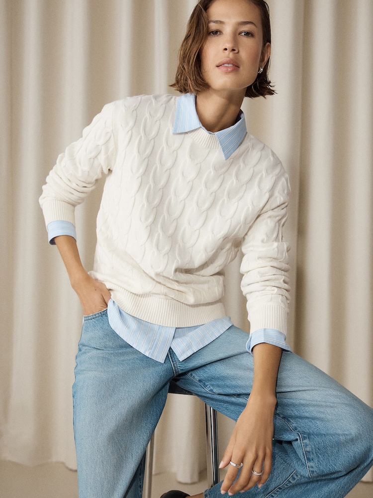 Ecru Cream Knit Look Cable Crew Neck Jumper - Image 1 of 8