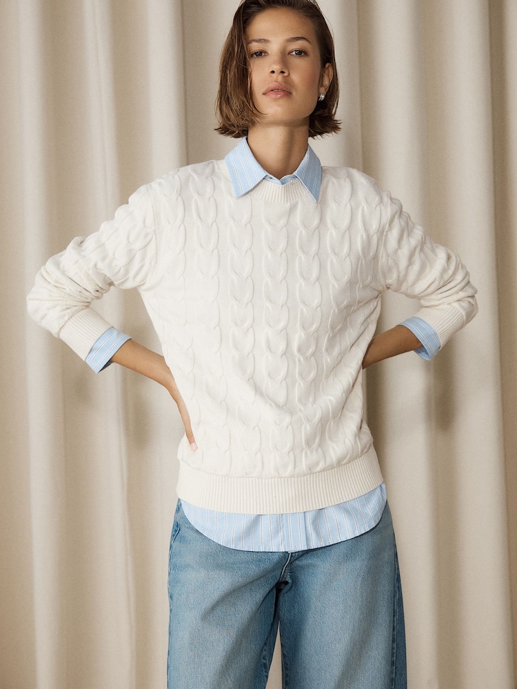 Ecru Cream Knit Look Cable Crew Neck Jumper - Image 2 of 8