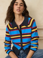 Cobalt Blue Stripe Button Up Collared Cosy Knit Cardigan - Image 1 of 7