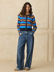 Cobalt Blue Stripe Button Up Collared Cosy Knit Cardigan - Image 2 of 7