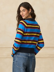 Cobalt Blue Stripe Button Up Collared Cosy Knit Cardigan - Image 3 of 7