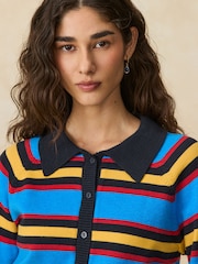 Cobalt Blue Stripe Button Up Collared Cosy Knit Cardigan - Image 4 of 7