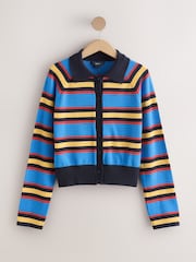 Cobalt Blue Stripe Button Up Collared Cosy Knit Cardigan - Image 7 of 7