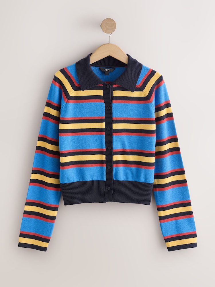 Cobalt Blue Stripe Button Up Collared Cosy Knit Cardigan - Image 7 of 7 Cobalt Blue Stripe Button Up Collared Cosy Knit Cardigan - Image 7 of 7
