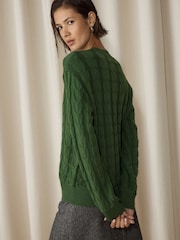 Green Knit Look Cable Crew Neck Jumper - Image 4 of 8