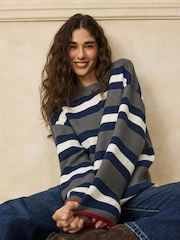 Grey/Navy Striped Knit Look Crew Neck Jumper - Image 1 of 8