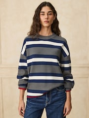 Grey/Navy Striped Knit Look Crew Neck Jumper - Image 3 of 8