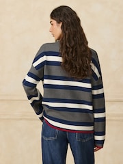 Grey/Navy Striped Knit Look Crew Neck Jumper - Image 4 of 8