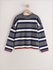 Grey/Navy Striped Knit Look Crew Neck Jumper - Image 6 of 8