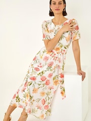 Roman White Floral Chiffon Pleated Dress - Image 1 of 5