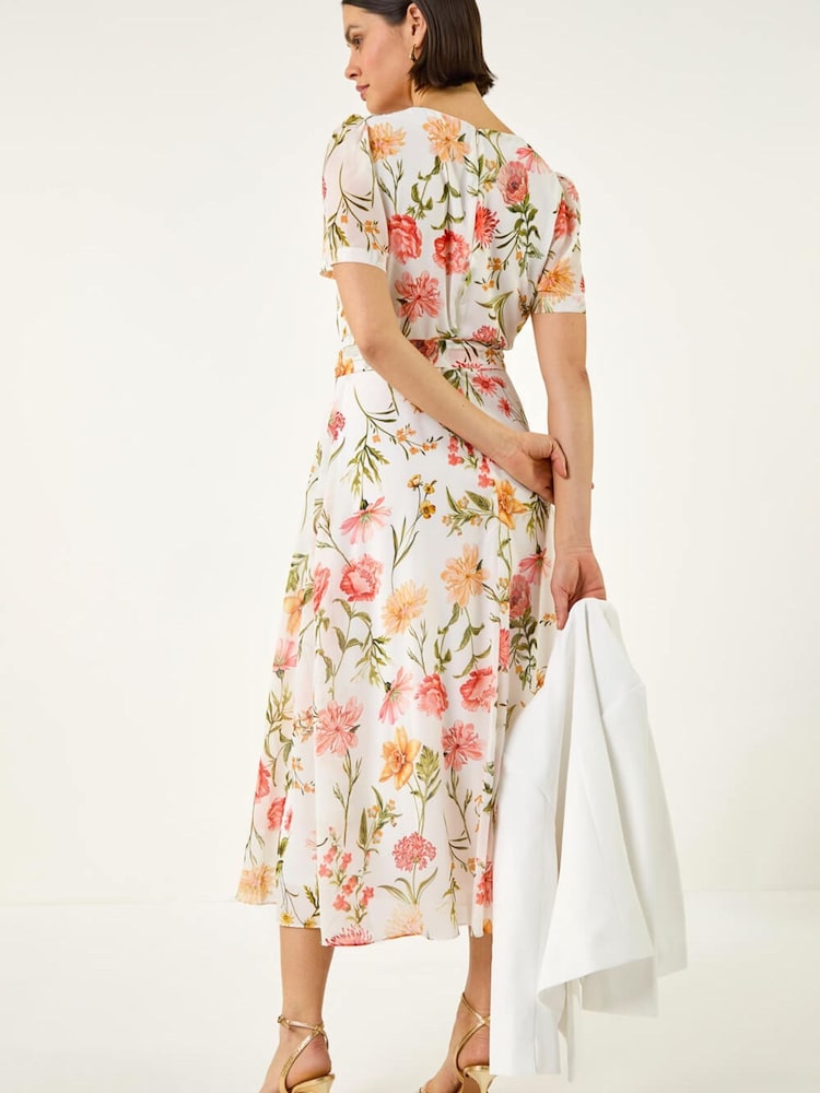 Roman White Floral Chiffon Pleated Dress - Image 2 of 5