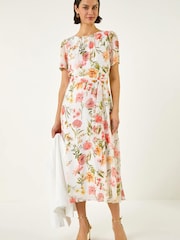Roman White Floral Chiffon Pleated Dress - Image 4 of 5