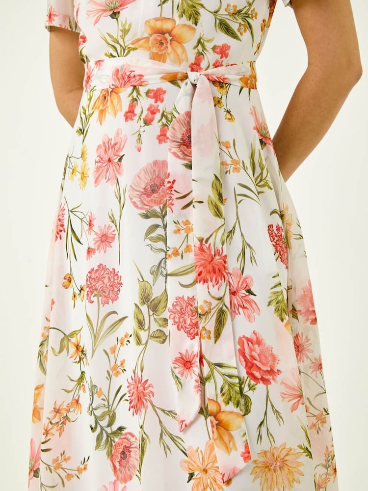 Roman White Floral Chiffon Pleated Dress - Image 5 of 5