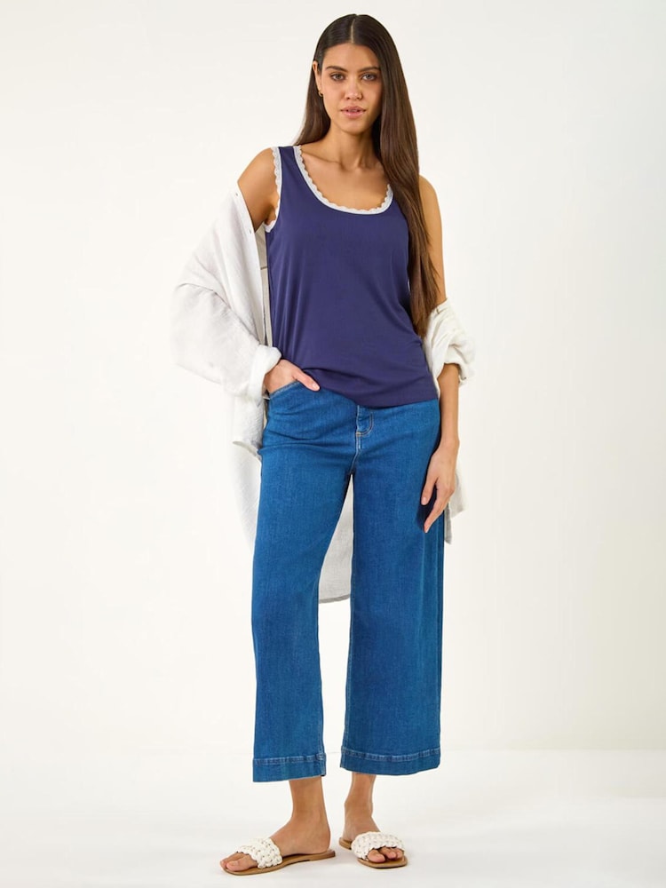 Roman Blue Lace Trim Ribbed Vest Top - Image 1 of 5