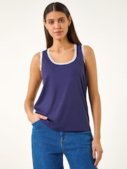 Roman Blue Lace Trim Ribbed Vest Top - Image 2 of 5