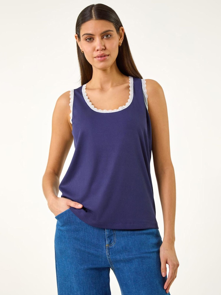 Roman Blue Lace Trim Ribbed Vest Top - Image 2 of 5