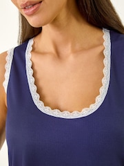Roman Blue Lace Trim Ribbed Vest Top - Image 5 of 5