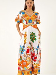 Roman Orange Floral Border Midi Dress - Image 4 of 5