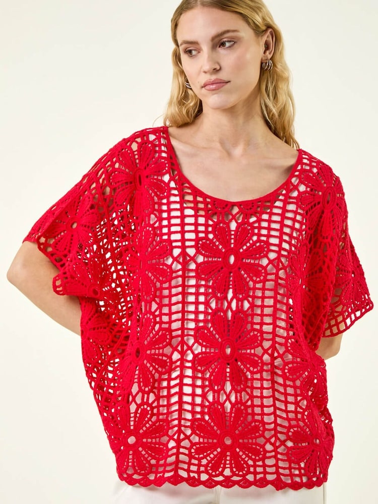 Roman Red Floral Crochet Knit Top - Image 1 of 5