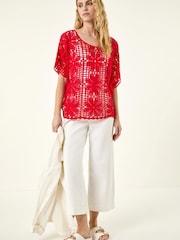 Roman Red Floral Crochet Knit Top - Image 2 of 5