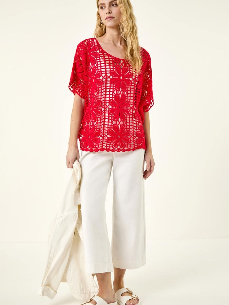 Roman Red Floral Crochet Knit Top - Image 2 of 5