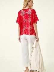 Roman Red Floral Crochet Knit Top - Image 3 of 5