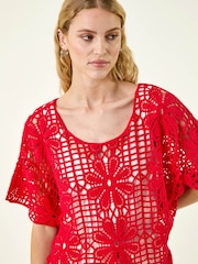 Roman Red Floral Crochet Knit Top - Image 4 of 5