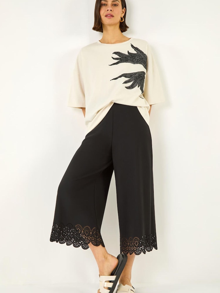Roman Black Laser Cut Wide Leg Trousers - Image 1 of 5