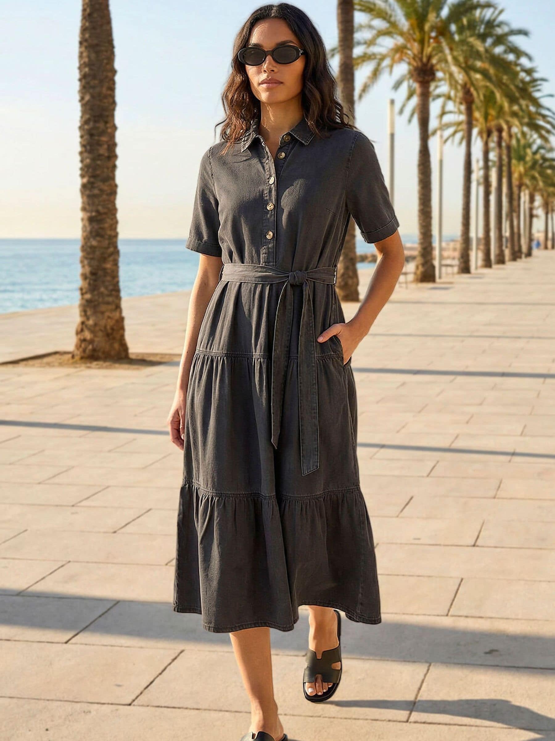 Roman Shirt Dress for Women UK Ladies Short Sleeve Sleeveless Belted Collared Midi Maxi Summer Spring Smart Casual Button Evening Office A Line Swing Skater - Image 4