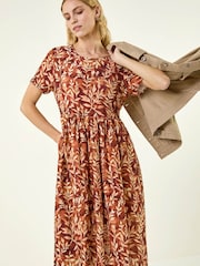 Roman Brown Leaf Print Smock Midi Dress - Image 1 of 5