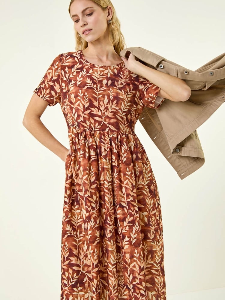 Roman Brown Leaf Print Smock Midi Dress - Image 1 of 5