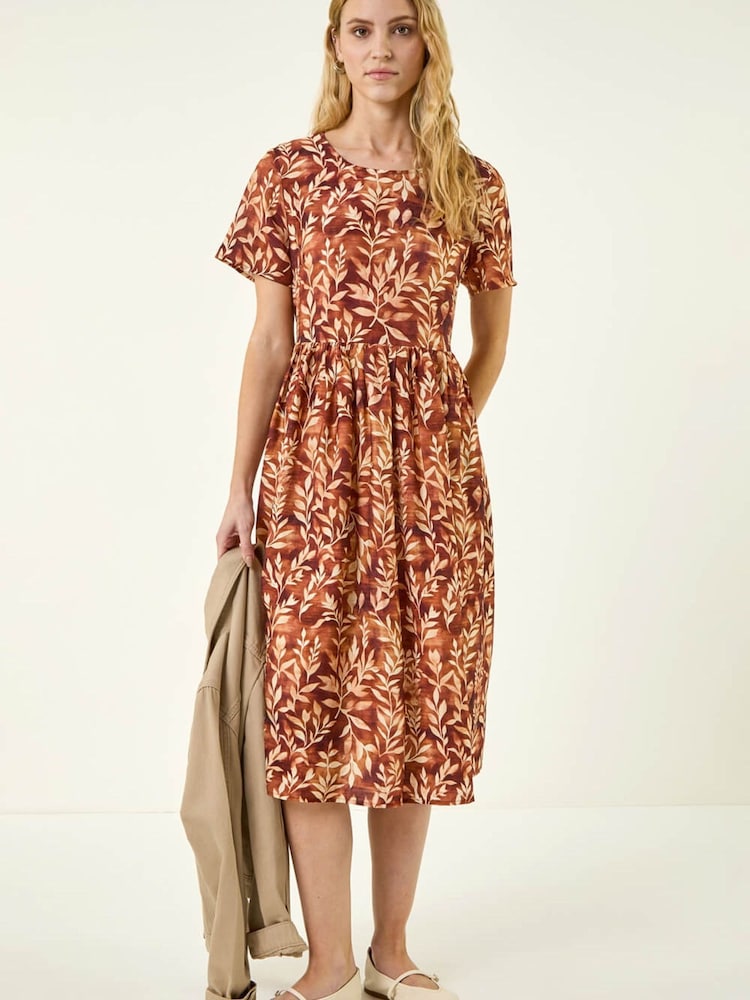 Roman Brown Leaf Print Smock Midi Dress - Image 2 of 5