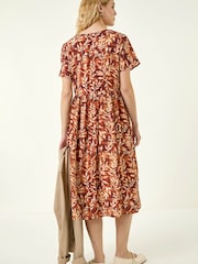 Roman Brown Leaf Print Smock Midi Dress - Image 3 of 5