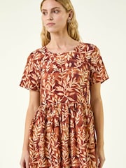 Roman Brown Leaf Print Smock Midi Dress - Image 4 of 5