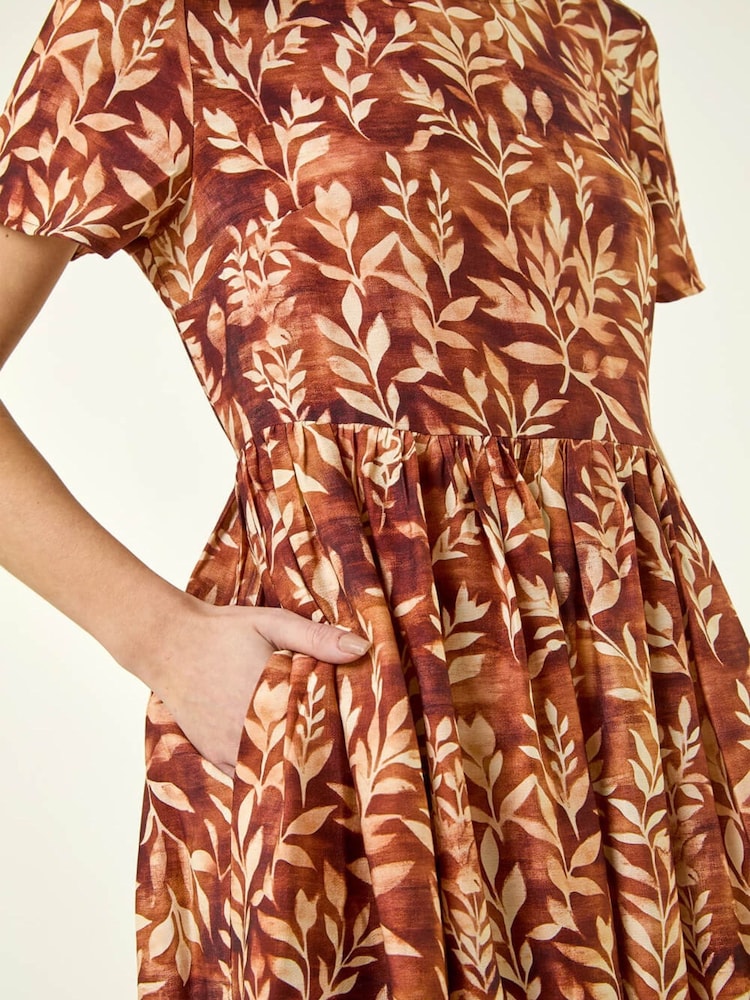 Roman Brown Leaf Print Smock Midi Dress - Image 5 of 5