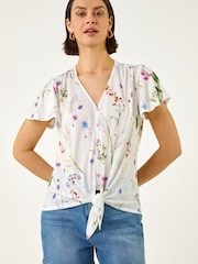 Roman White Floral Print Tie Front Top - Image 2 of 5