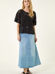 Roman Black Crochet Detail Knit Top - Image 2 of 5