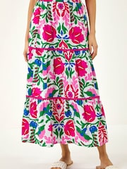 Roman Pink Floral Print Tiered Skirt - Image 1 of 5