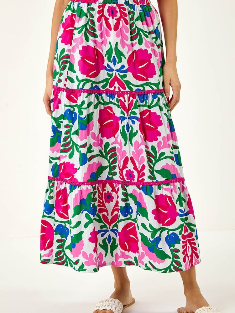 Roman Pink Floral Print Tiered Skirt - Image 1 of 5