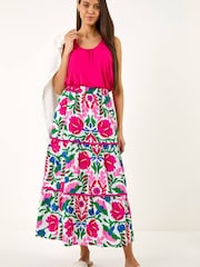 Roman Pink Floral Print Tiered Skirt - Image 4 of 5