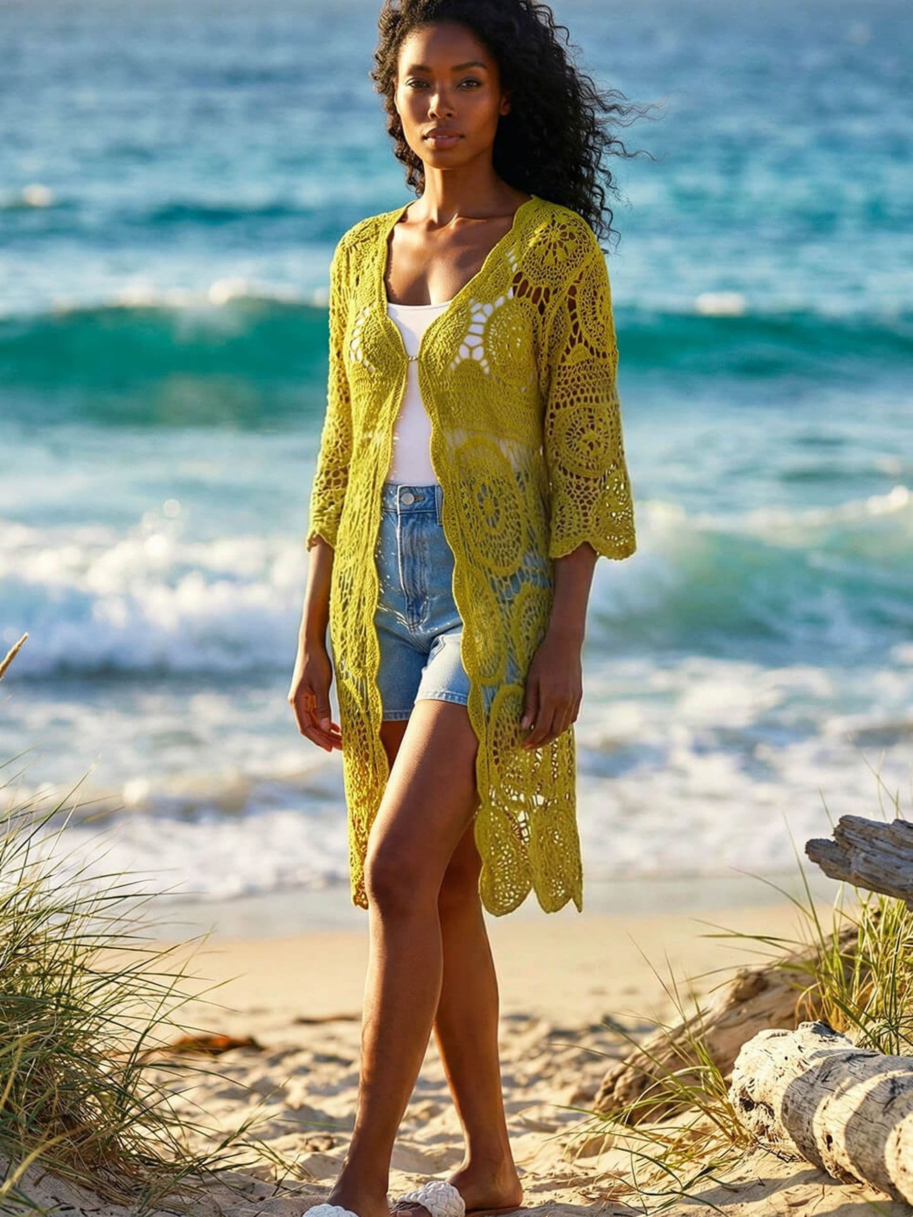 Buy Roman Green Crochet Longline Knit Cardigan from the Next UK