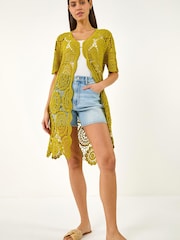 Roman Green Crochet Longline Knit Cardigan - Image 3 of 5