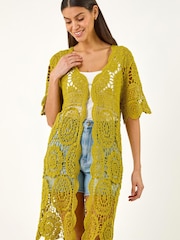 Roman Green Crochet Longline Knit Cardigan - Image 4 of 5