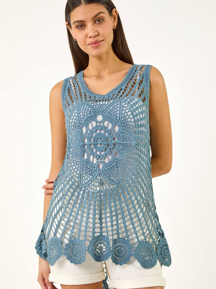 Roman Blue Longline Crochet Knit Vest - Image 2 of 5