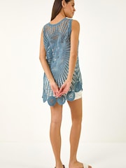 Roman Blue Longline Crochet Knit Vest - Image 3 of 5
