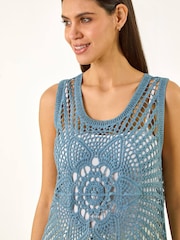 Roman Blue Longline Crochet Knit Vest - Image 4 of 5