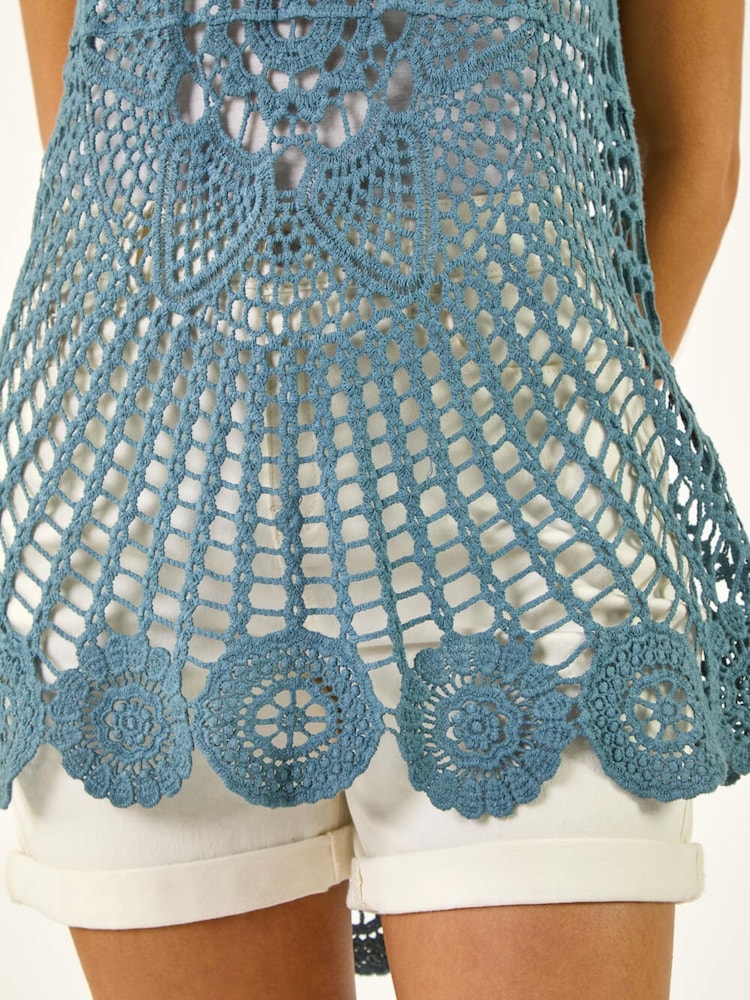 Roman Blue Longline Crochet Knit Vest - Image 5 of 5