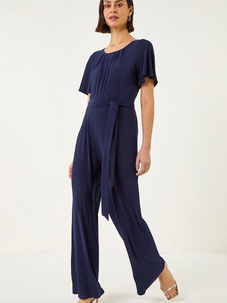 Roman Blue Pleat Neck Belted Jumpsuit - Image 1 of 5