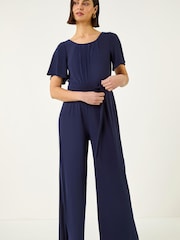 Roman Blue Pleat Neck Belted Jumpsuit - Image 2 of 5