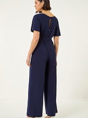 Roman Blue Pleat Neck Belted Jumpsuit - Image 3 of 5